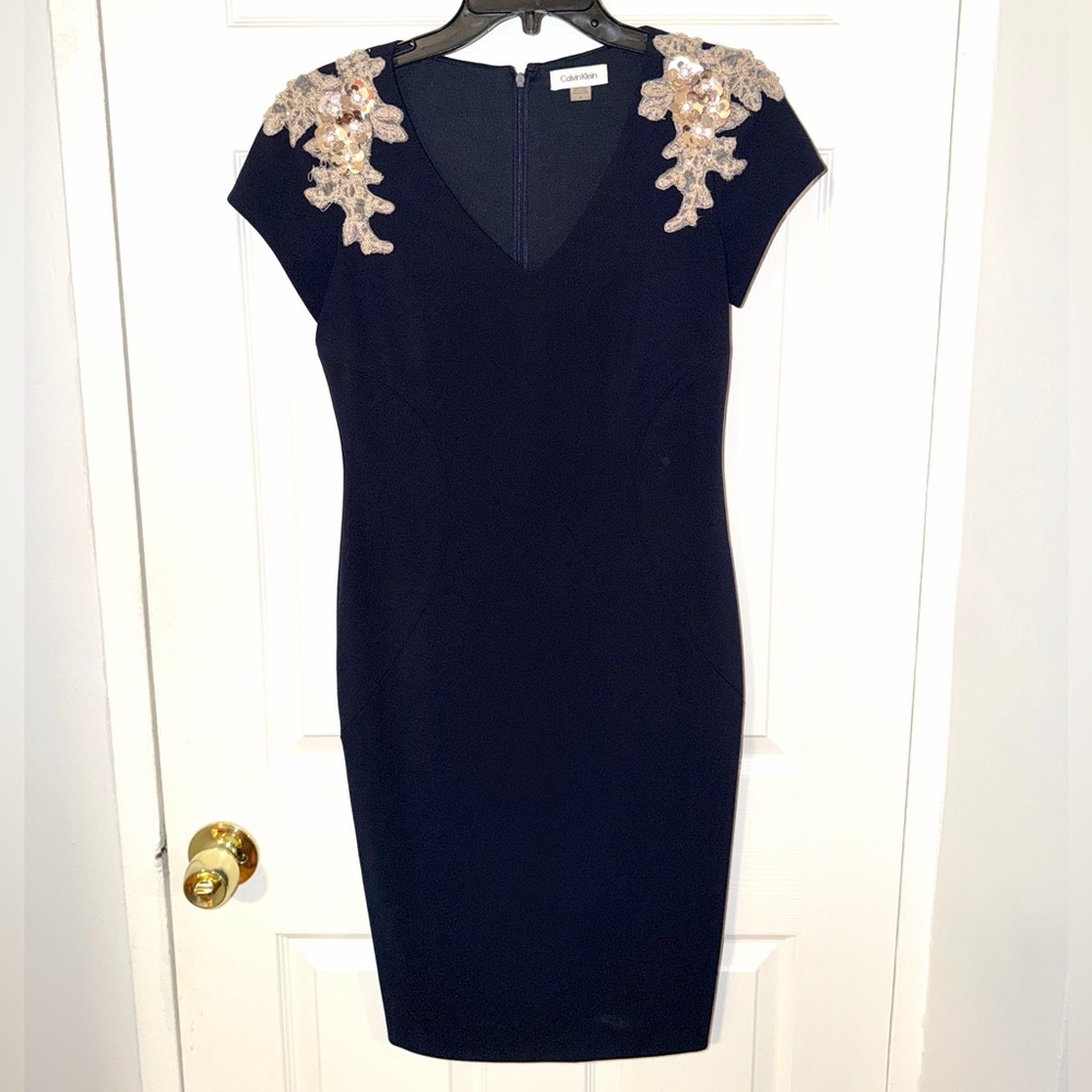Calvin Klein Navy Dress with Gold Embellishments